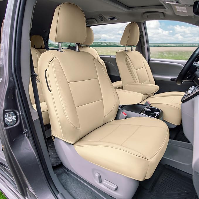 FH Group Custom Fit Car Seat Covers Specifically Made for 2011-2020 Toyota Sienna 8 Passenger, Car Seat Cover Full Set, Automotive Seat Covers in Solid Beige Faux Leather, Waterproof and Washable - Image 2
