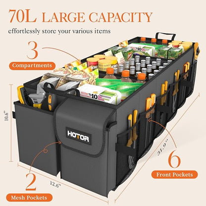 HOTOR Trunk Organizer - Foldable Car Organizer for SUVs & Sedans Storage | Sturdy Car Organization for Men & Women, Car Accessories, Tools, Sundries, Grey, 3 Compartments, 31.9" x 12.6" x 10.6" - Image 2