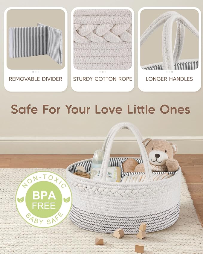 Maliton Baby Diaper Caddy Organizer, Cotton Rope Diaper Caddy Basket, Large Storage Basket for Newborn Boys and Girls, Gift for Baby Shower List, Newborn Essentials | 100% Cotton Rope Baby Caddy, Soft Yet Structured, Nursery, Car & Camping Use, Keeps B... - Image 4