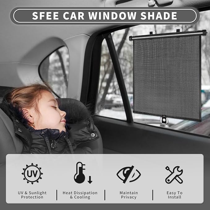 Sfee Car Window Shade for Side Windows, 2 Pack Sun Shade Retractable for Car Blocks Heat and UV Rays Glare Protection Roller Sunshade Visor for Baby, Kids, Pets, Passengers - Image 2