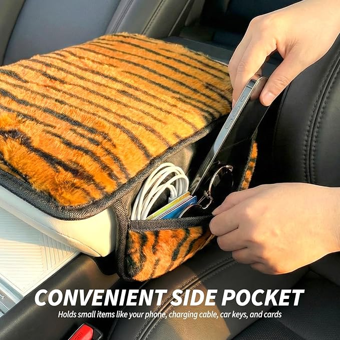 Plush Animal Print Car Center Console Cover with Side Pockets, Fluffy Armrest Cushion Pad.,Soft Car Interior Accessories with Storage for Women. Universal Fit for Vehicles SUV Truck (Tiger Print) - Image 4