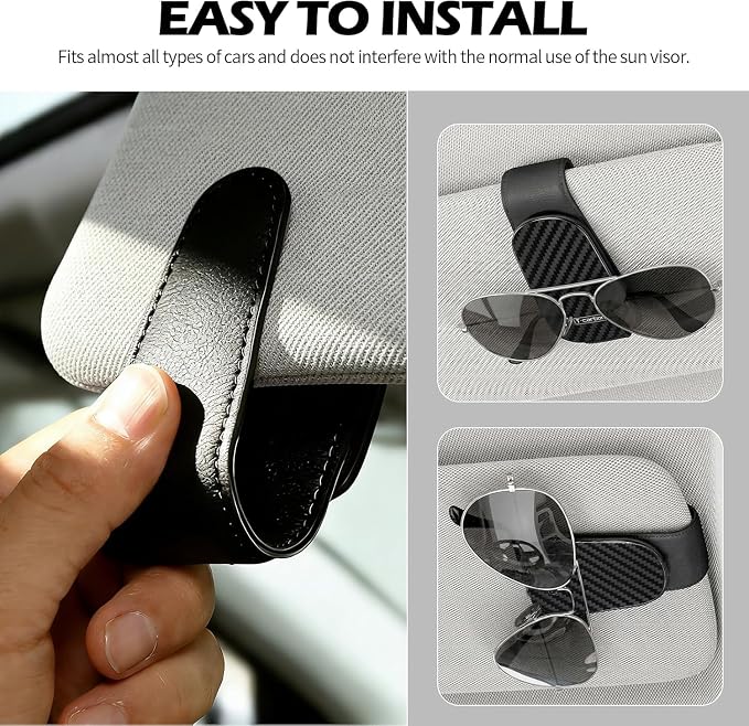 T-carbon 2 Pack Sunglass Holder for Car Sun Visor | Magnetic Leather Glasses Holder,Carbon Fiber Sunglasses Holder and Ticket Card Clip, Car Visor Accessories,Matte Black - Image 3