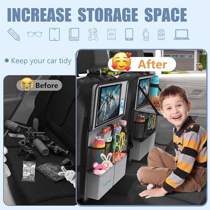 Car Backseat Organizer with Tablet Holder,11 Storage Pockets with Foldable Food Tray, Protector Kick Mats for Kids, Travel Accessories Organizer (Gray, 1Pack) - Image 4