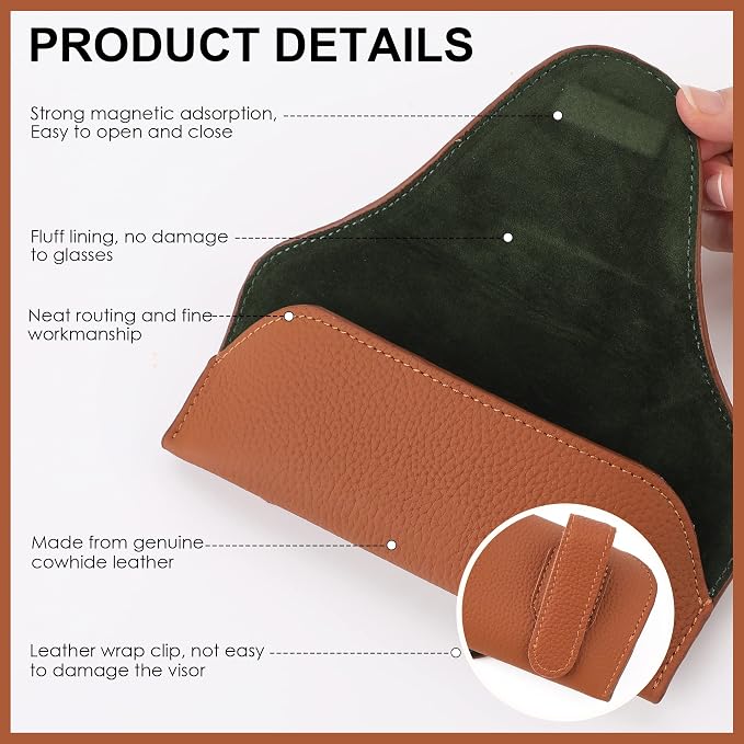 Magnetic Sunglass Holder for Car Visor, Leather Car Glasses Holder | Brown Visor Accessories Eyeglasses Holder Glasses Storage Case - Image 6
