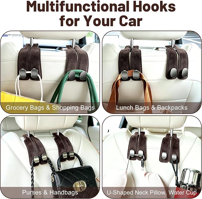 SUKIPIN Car Hooks, Car Seat Headrest Hooks for Purses and Bags 4-Pack Brown | Car Accessories for Women, Solid Durable Construction, Quick Tool-free Mounting, Universal Fit for Most Vehicle Headrests - Image 6