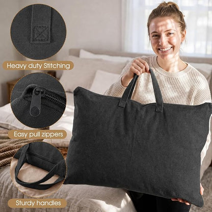 2 Pack Travel Pillow and Blanket Bags, 100% Cotton Canvas Pillow Storage Bag with Handles, Heavy Duty Breathable Organizer for Bedding Linens, Pillow Bag for Traveling(2,Black,20"x30") - Image 4