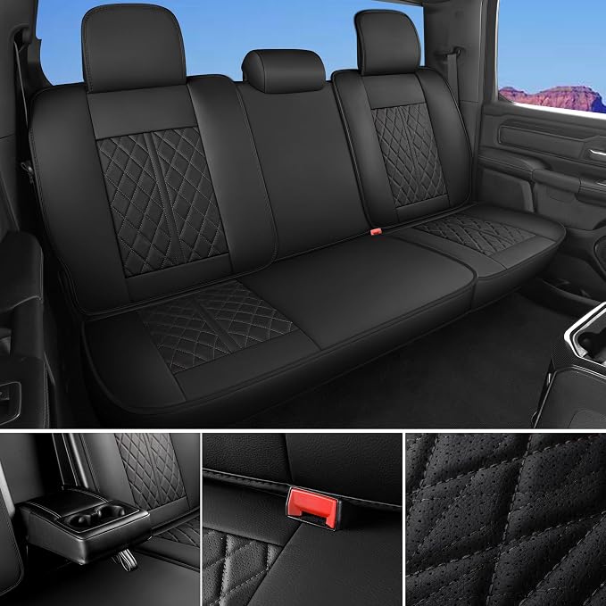 Car Seat Cover Custom Fit for Dodge Ram 1500 2500 3500 2002-2026 Faux Leather Seat Cover Set Compatible with Crew Quad Regular Cab Pickup Truck Cushions (Black, Full Set, Curved Rear) - Image 7