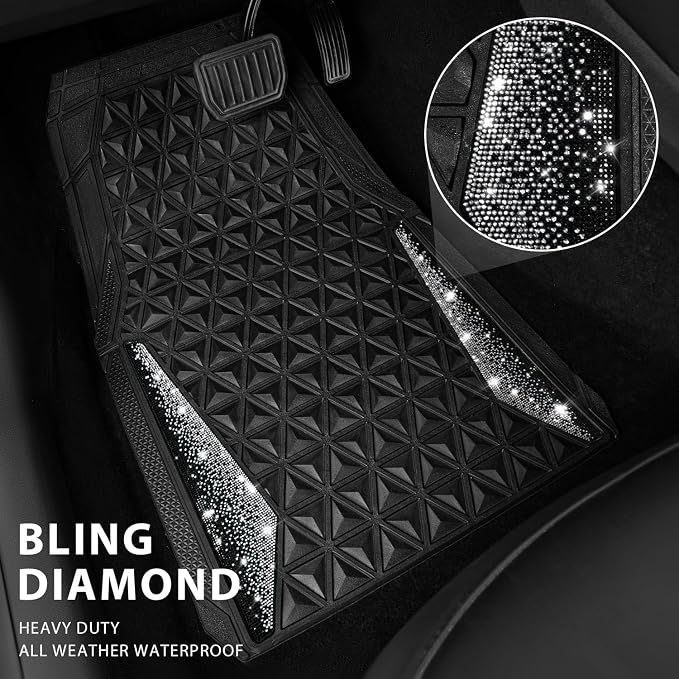 CAR PASS Bling Diamond Car Mats Rubber Floor Mats Full Set Anti-Slip 3D Rhombus Waterproof Trim to Fit Liner Universal Glitter Crystal Sparkly Shining Rhinestone Girl Women SUV Sedan Van, Black Silver - Image 2