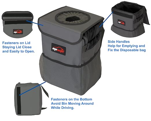 EPAuto Waterproof Car Trash Can with Lid and Pockets, 2.5 Gal, Dark Gray | Leakproof, Collapsible Multipurpose Car Bin with 3 Side Storage Pockets, Adjustable Straps - Image 5