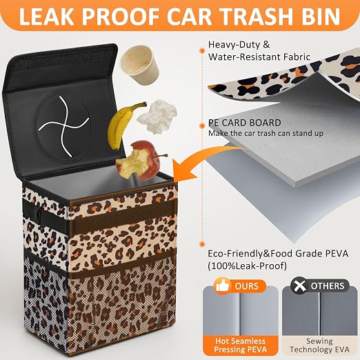 Vankor Car Trash Can with Lid Leak Proof Car Accessories for Women | 3 Gallon Cute Hanging Car Trash Bin for Men Car Truck Vehicle Sedan Interior Automotive Garbage Cans, Black Quilted - Image 3