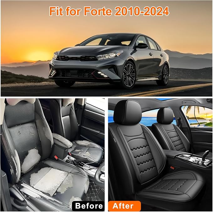 Forte Car Seat Covers Custom Fit for Kia Forte 2010-2024, Full Coverage Leather Waterproof Breathable Seat Covers Full Set, Automotive Seat Protectors, Airbag Compatible(5 Seats, Black) - Image 6