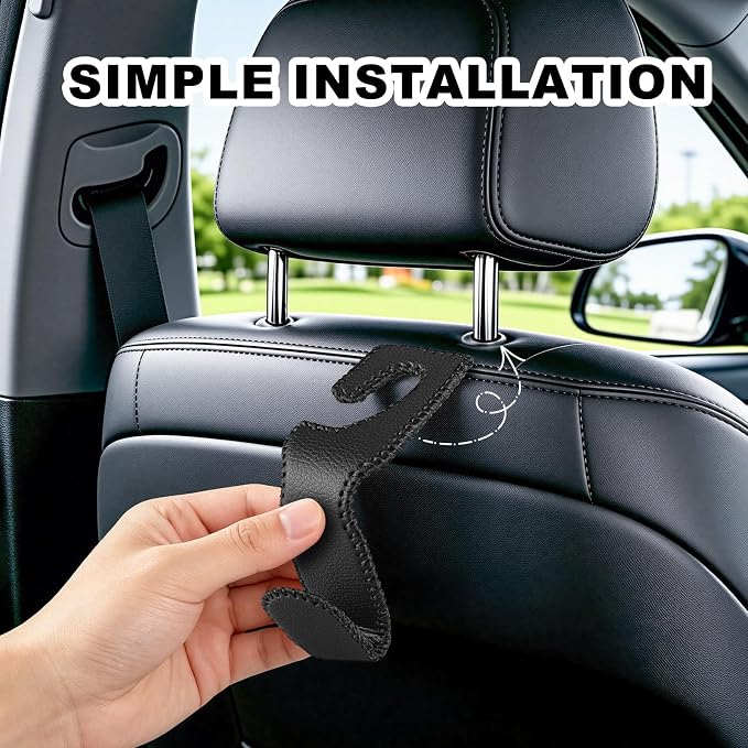 Headrest Hooks for Car, 2 Pack Back Seat Purse Hook Leather Hanger Holder Hook for Hanging Purses and Bags and Coats Black - Image 5