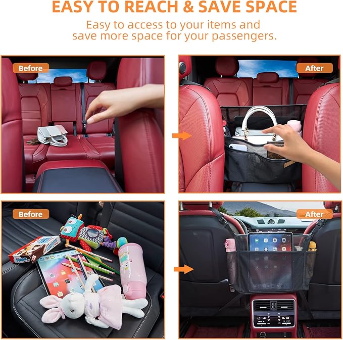 WLLWOO Car Net Pocket Organizer Purse Holder Console Front Seat Storage | Multi Pocket Car Seat Organize Bag Handbag Holder Between Seats Back Barrier - Image 2