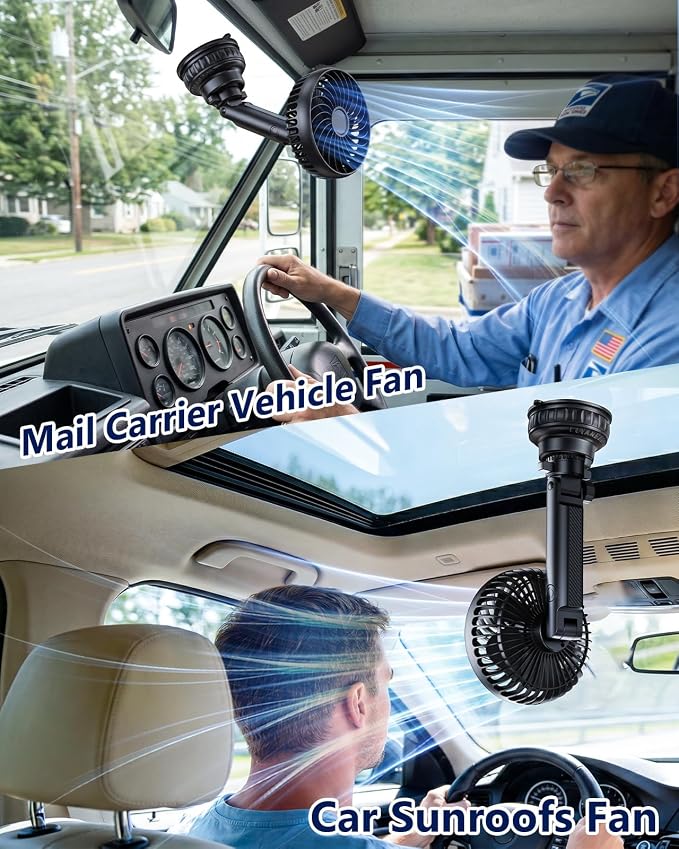 5000mAh Battery Fan for Car Windshield Sunroof Dashboard Headrest | 360° Rotatable 3 Speed Winds Car Window Fan with 2 Detachable Bases for SUV Van RV Pickup Truck Golf cart Camping Kitchen - Image 8