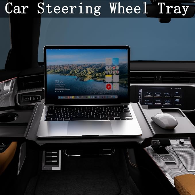 HZGAMER 2-in-1 Large Car Steering Wheel Tray & Backseat Headrest Table, Adjustable Laptop Desk with Phone Holder and Extendable Side Trays for Eating, Writing, SUVs and Trucks, Black - Image 2