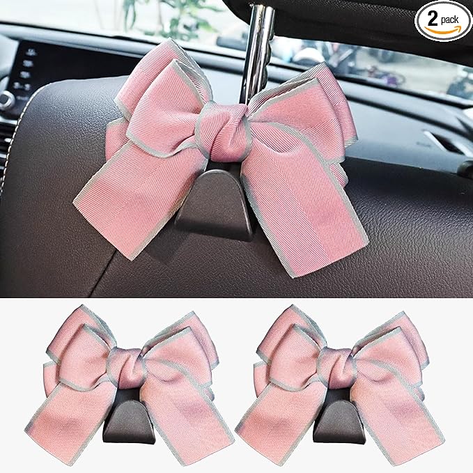 2 Pack Bow Car Seat Headrest Hooks, Pink Border | PVC construction, snap-on installation, holds bags purses or umbrellas, fits most cars and trucks, car interior accessories by Unknown