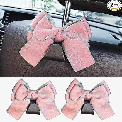 2 Pack Bow Car Seat Headrest Hooks, Pink Border | PVC construction, snap-on installation, holds bags purses or umbrellas, fits most cars and trucks, car interior accessories by Unknown