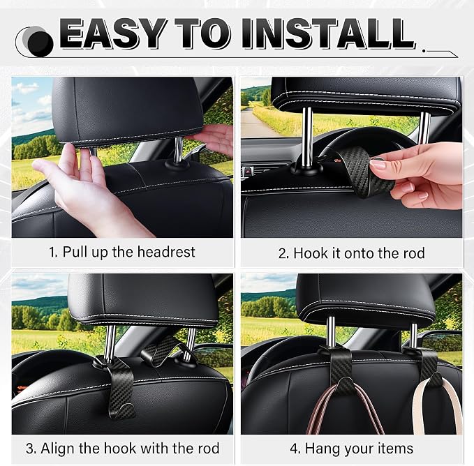 SINGARO Universal 4 Pack Car Seat Headrest Purse Hook, Carbon Fiber Back Seat Hook Storage Organizer Hanger for Purse Handbag Coat, Car Interior Accessories(Black) - Image 5