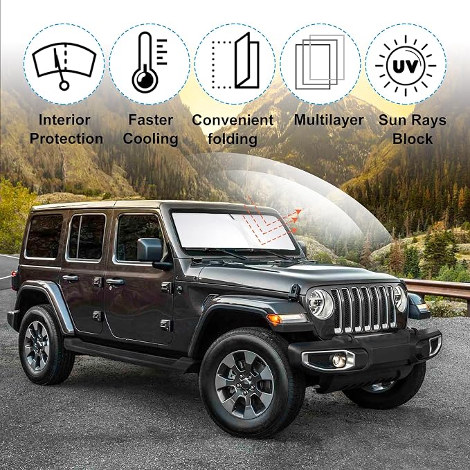 Windshield Sun Shade for 2018-2026 Jeep Wrangler JL/4XE | Full covered for windshield, Foldable & Durable, Block UV Rays, Reduce Heat, Easy to install, Keep Car Cooler - Image 2