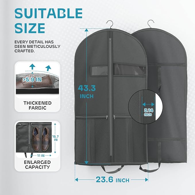 Lazebox 43" Travel Garment Bag with Accessories Zipper Pocket, Heavy Duty Suit Bag for Suits, Tuxedos, Dresses, Coats, Dark Grey, 1 pack - Image 3