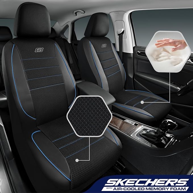 Skechers Air-Cooled Memory Foam Seat Covers,Mesh Thick Car Seat Covers,Piping Leather Car Seat Cover,Airbag Compatible,Automotive Comfort for Most Cars, Vans, Trucks, SUV(Blue,Full Set) - Image 2