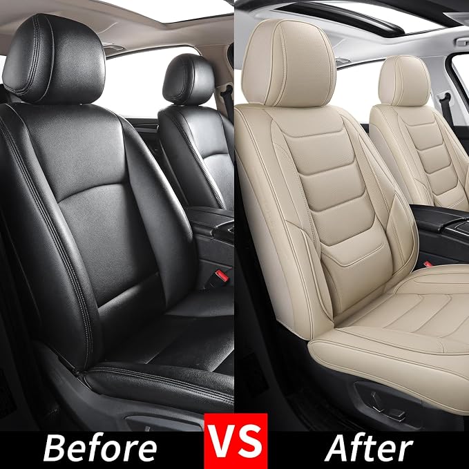 Leather Front Car Seat Covers Automotive Seat Protectors | Breathable，Waterproof，Durable，Full Surround & Lumbar Support Design，Non-Slip，Universal Fit for Most Cars SUV Trucks Van，Beige - Image 8