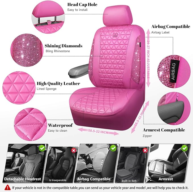 CAR PASS Hot Pink Bling Diamond Leather Car Seat Covers Full Sets, Waterproof Shining Glitter Sparkly Crystal Universal Armrest Fit for Automotive Truck SUV Cute Women Girl,Hot Pink Rhinestone - Image 3