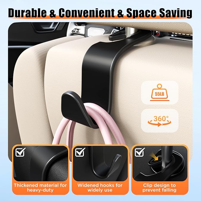 Amooca Car Seat Headrest Hooks 4-Pack Storage Organizer Holds 55 lbs | Universal Fit Most Car/SUV/Truck, Anti-drop, Hanger for Backpack Umbrella Water Bottle Coat Purses Handbags Groceries, Black - Image 5