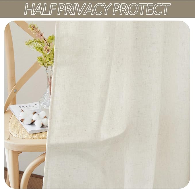 RYB HOME Linen Sheer Curtains 2 Panels for Living Room, Semi Transparent Privacy Drapes with Rod Pocket Farmhouse Style Window Treatments for Bedroom, Linen, 70" W x 95" L - Image 3