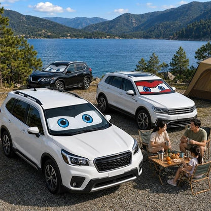 Car Windshield Sun Shade Umbrella, Universal Fit Mid-Large Sedan SUV | 57 x 31" Car Sun Visor, Foldable UV Heat Blocking Front Window Sunshade with Rearview Mirror Cutout, Cute Eyes Series - Image 8
