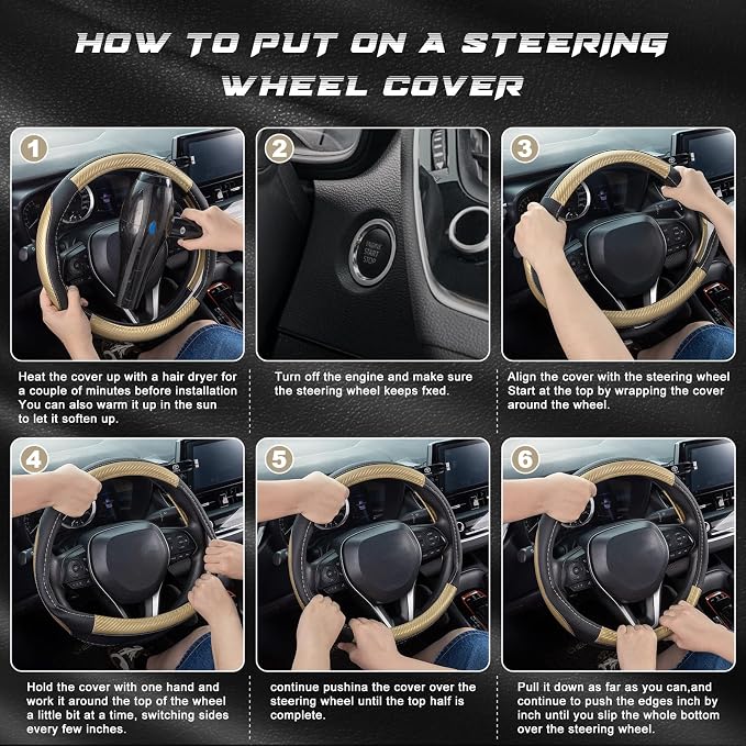 SEG Direct Car Steering Wheel Cover 14.5"-15" Golden Carbon Fiber Pattern | Universal Medium Standard Size 37-39cm for Car Truck SUV, Black Microfiber Leather, Non-Slip Grip, Auto Interior Accessories - Image 6