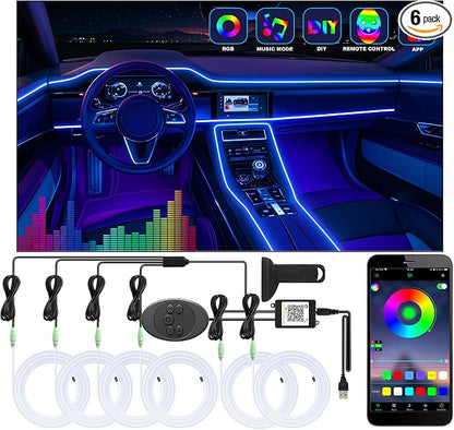 6 in 1 Car Led Strip Lights with App Control, RGB Colors Interior Car Lights, Ambient Led Lighting Kit, 4 Light Flashing Modes, USB Neon Accessories for Doors, Center Console by Fimker