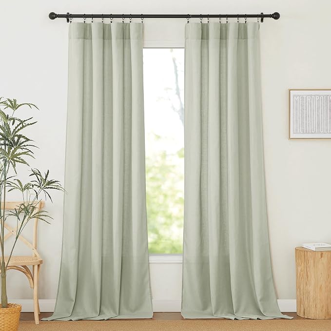 RYB HOME Linen Sheer Curtains 2 Panels for Living Room, Semi Transparent Privacy Drapes with Rod Pocket Farmhouse Style Window Treatments for Bedroom, Sage Green, 52" W x 102" L by RYBHOME