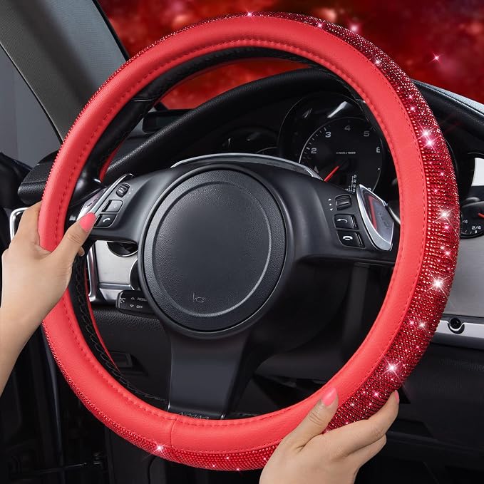 CAR PASS Bling Diamond Leather Steering Wheel Cover, with Bling Sparkly Crystal Glitter Rhinestones Universal Fit 14" 1/2-15" Car Wheel Protect for Women Girl Fit Suvs,Vans,Sedans,Cars,Trucks, Red - Image 6