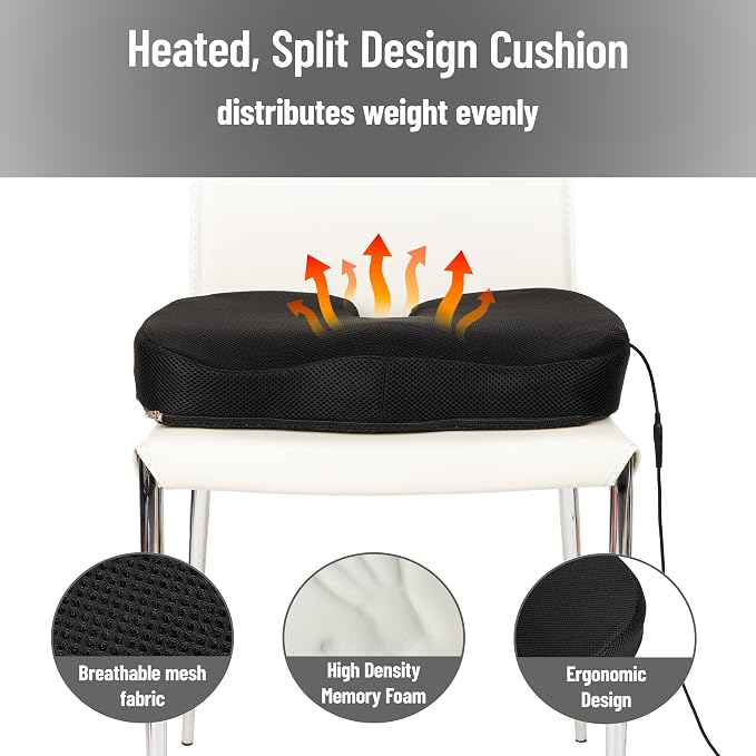 Mind Reader Heated Memory Foam Seat Cushion with Air-Cloud Support, Slim Ergonomic Cushion with 4 Heat Settings Timer and Auto Shut-Off, Black - Image 5