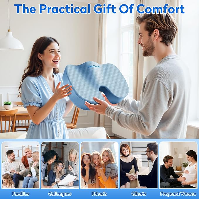 CushZone XL Memory Foam Seat Cushion for Office & Car, Light Blue | U-shaped Coccyx Cutout, Contoured Design, Breathable Removable Mesh Cover, Non-Slip Base, Carry Handle - Image 7