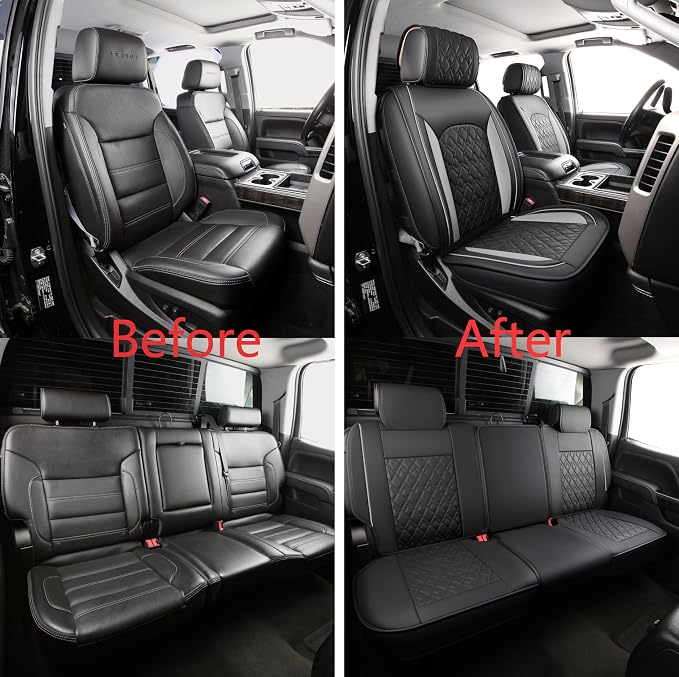 JOJOBAY Chevy Silverado Seat Covers,Leather Seat Covers for GMC Sierra,Custom Fit 2007-2024 1500 2500HD 3500HD Crew Double Extended Regular Cab,LT LZT RST(Full Set,Black Grey) - Image 5