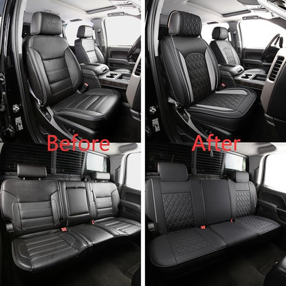 JOJOBAY Chevy Silverado Seat Covers,Leather Seat Covers for GMC Sierra,Custom Fit 2007-2024 1500 2500HD 3500HD Crew Double Extended Regular Cab,LT LZT RST(Full Set,Black Grey) - Image 5