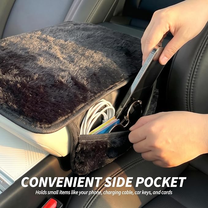 Plush Fuzzy Fur Car Armrest Cover with Side Pockets,Black | Fluffy Armrest Cushion Pad,Soft Center Console Cover,Car Interior Storage Accessories ,for Most Car Decoration Protector - Image 5
