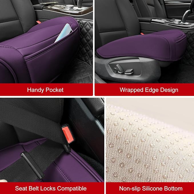 BOPUOVRE Car Seat Cover for Luxury & Comfort PU Leather | Anti Slip Full Wrap Protection Storage Pocket Bottom Cushion Universal Fit 95% Vehicles Purple 2 Piece - Image 4