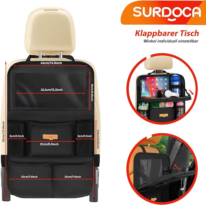 SURDOCA Backseat Car Organizer with Foldable Tray for Kids & Adults – NEW MODEL Seat Storage with Touchable Tablet Pocket, Roadtrip Essentials – Fits Most Vehicles - Image 5