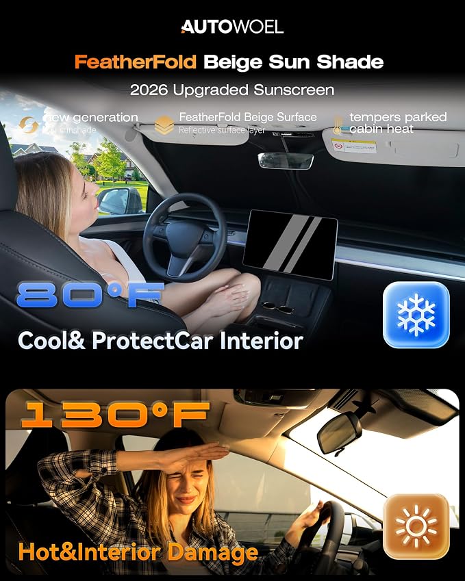 Windshield Sun Shade for Tesla Model Y/Juniper and Model 3/Highland, Beige | Fits 2014-2026, 240T Heat Shield, 99% UV Protection and Heat Insulation, Foldable, Storage Bag Included, Reusable Heat Shield - Image 2