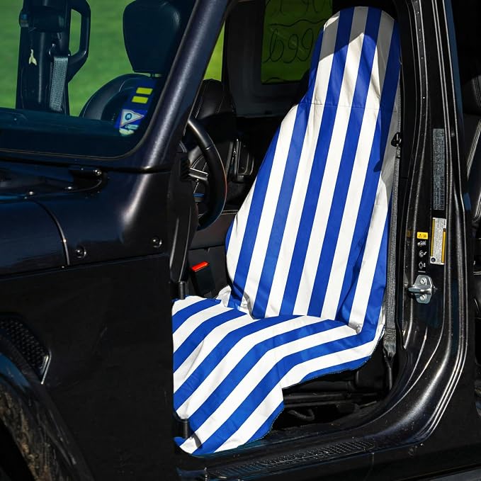 2 Pack Car Seat Towel Covers for Gym, Front Seats, Blue White | Stripes Sweat Protector for Front Seats Premium Thickened with Elastic Strap Breathable & Quick Dry Machine Washable Running - Image 4