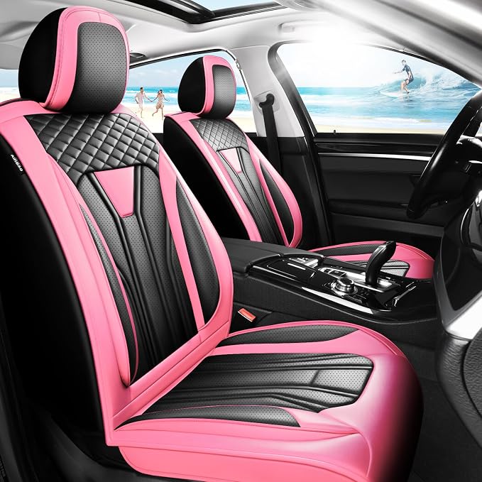 Fit Tacoma Premium Leather Car Seat Covers for Toyota Tacoma 2016-2022 2023 - Waterproof，Breathable，All-Weather Seat Cushion Protecto & Airbag Compatible, Full Set Pink&Black by Unknown