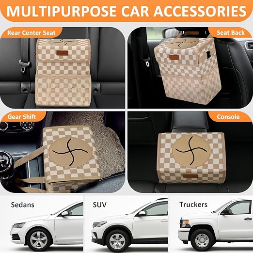 Vankor Car Trash Can with Lid Leak Proof Car Accessories for Women | 3 Gallon Cute Hanging Car Trash Bin for Men Car Truck Vehicle Interior Automotive Garbage Cans, Khaki Checkered - Image 5