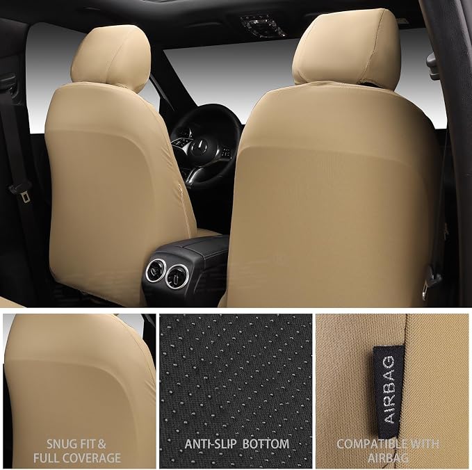 CAR PASS Neoprene Waterproof Seat Covers Full Sets, Wetsuit Car Seat Covers 5 Seats Universal Fit for Vans, Truck, SUV, 3D Tyre Embossed Seat Covers Anti Slip with Armrests, Aibag Compatible All Beige - Image 5
