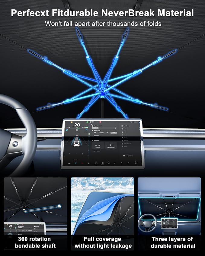 helloleiboo Custom Fit Ford F150 Windshield Sun Shade Umbrella | Foldable, 5-Layer Vinyl Coating, Reflective Heat Protection, UV Protection - Image 3