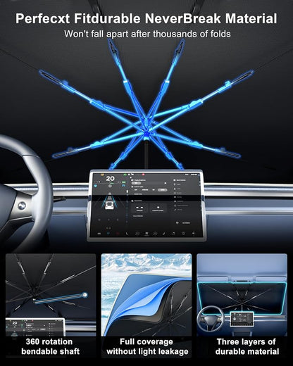 helloleiboo Custom Fit Tesla Model 3/Y Windshield Sun Shade Umbrella | Foldable, 5-Layer Vinyl Coating, Reflective Heat Protection, UV Protection - Image 2