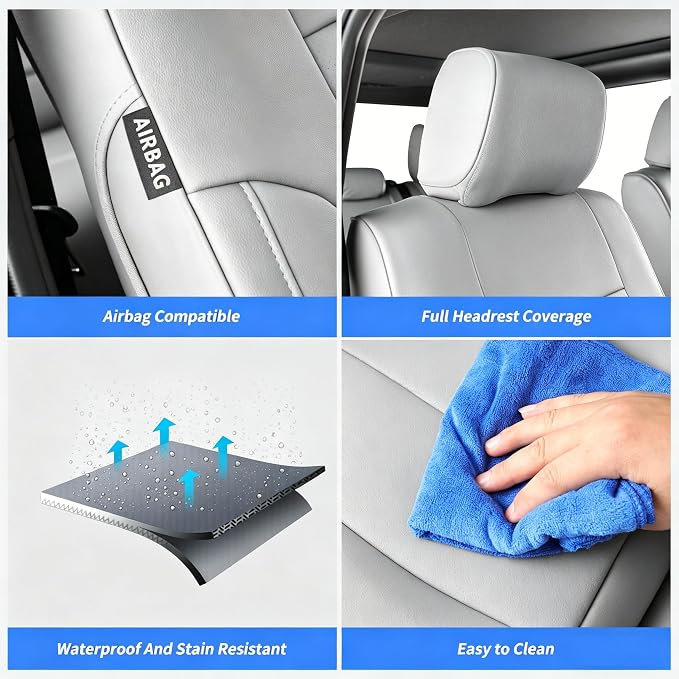 Custom Fit Seat Covers Full Set for Chevy Silverado/GMC Sierra 1500 (2019-2026) and 2500HD/3500HD (2020-2026)-CrewCab,No Rear Seat Storage,Fully Covered,Waterproof Leather Truck Seat Protector(Grey) - Image 8