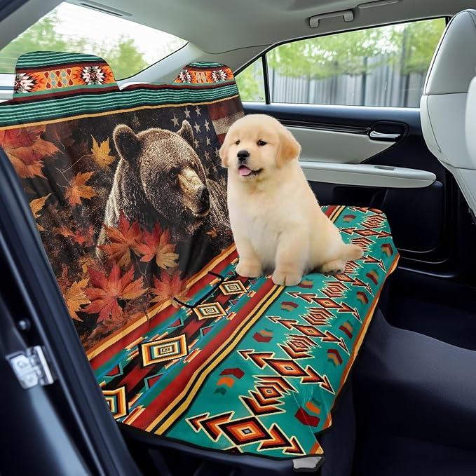Aztec Bear American Flag Maple Leaves Pattern Bench Seat Cover for SUV Waterproof Car Seat Cover Non-Slip Dog Car Seat Cover for Back Seat Heavy Duty Backseat Protector for SUV Sedan Truck - Image 3